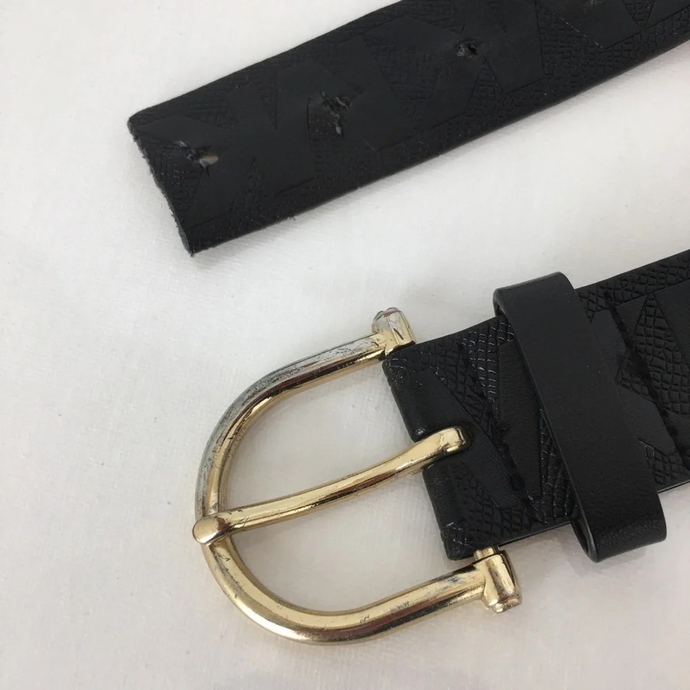 Michael Kors Black Leather Monogram Belt Gold Tone Metal Horseshoe Buckle Size S - Picture 4 of 10